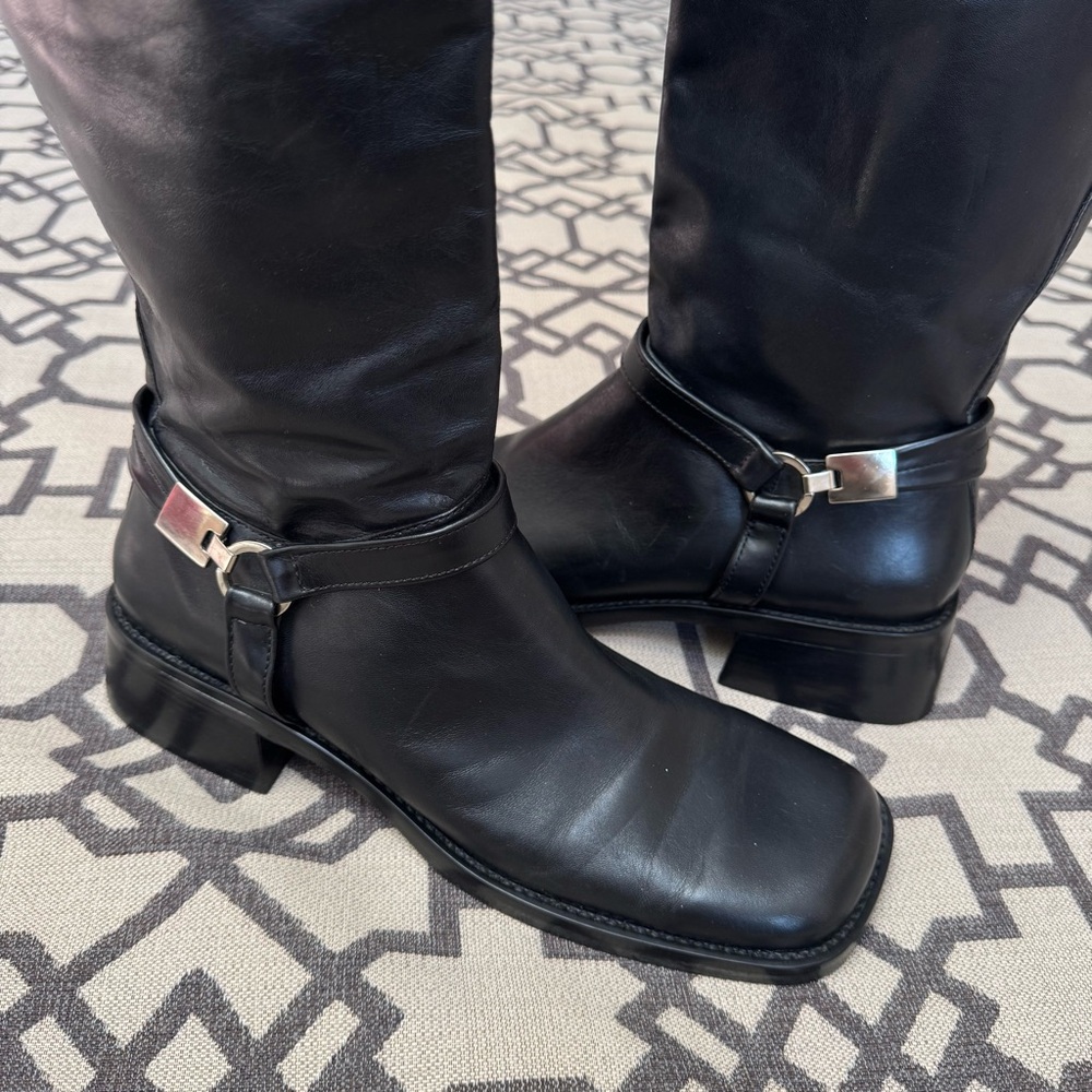Nine West Genuine Leather Knee High Square Toe Chunky Tall Boots Black Y2K 10M - Picture 5 of 17